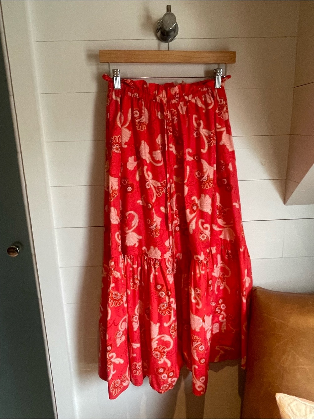 A.L.C. Bright Coral Floral Tiered Maxi Skirt